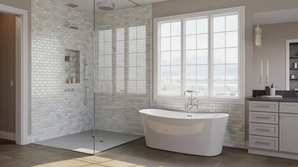 Master bathroom with iridescent glass tile shower and white freestanding tub