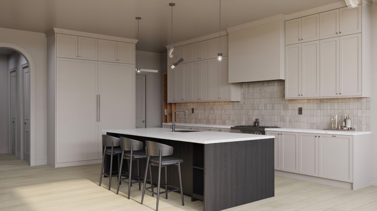 Light gray cabinets contrast a charcoal island topped with white quartz