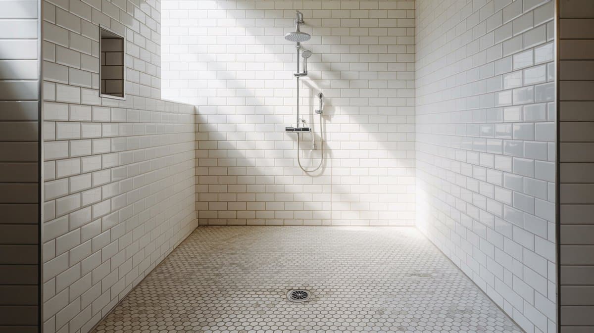 Walk-in shower with white subway tile walls and white penny tile mosaic floor