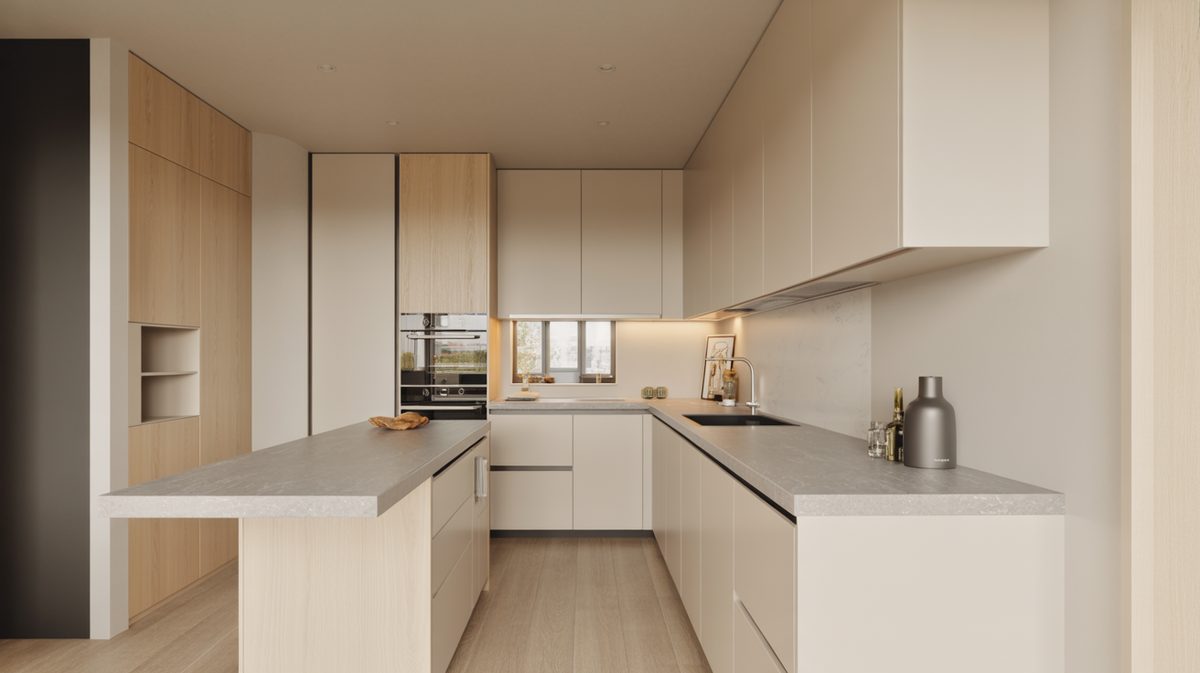 Compact modern kitchen with pale wood cabinets and light gray quartz counters
