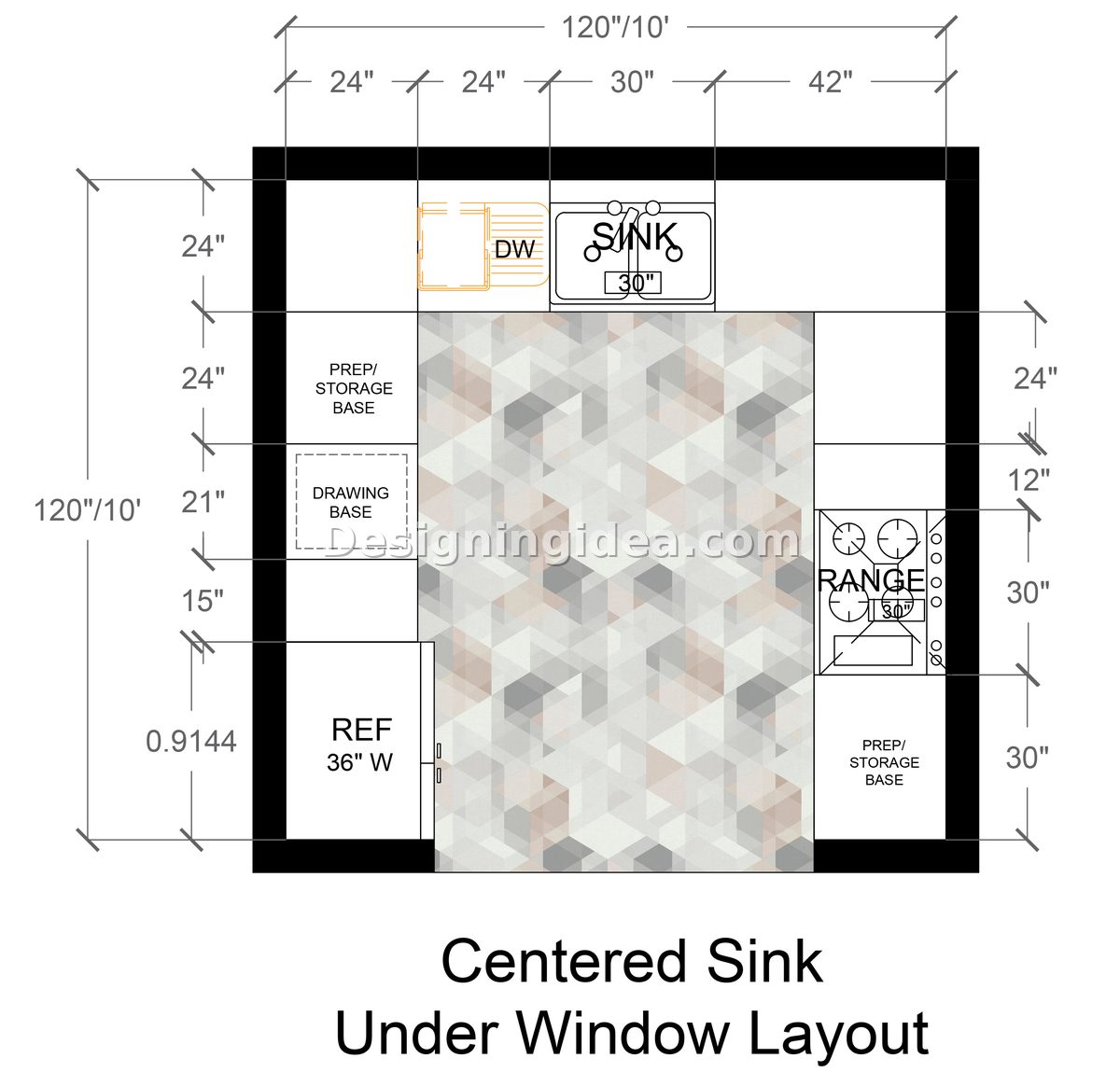 Kitchen with Centered Sink Under Window Layout