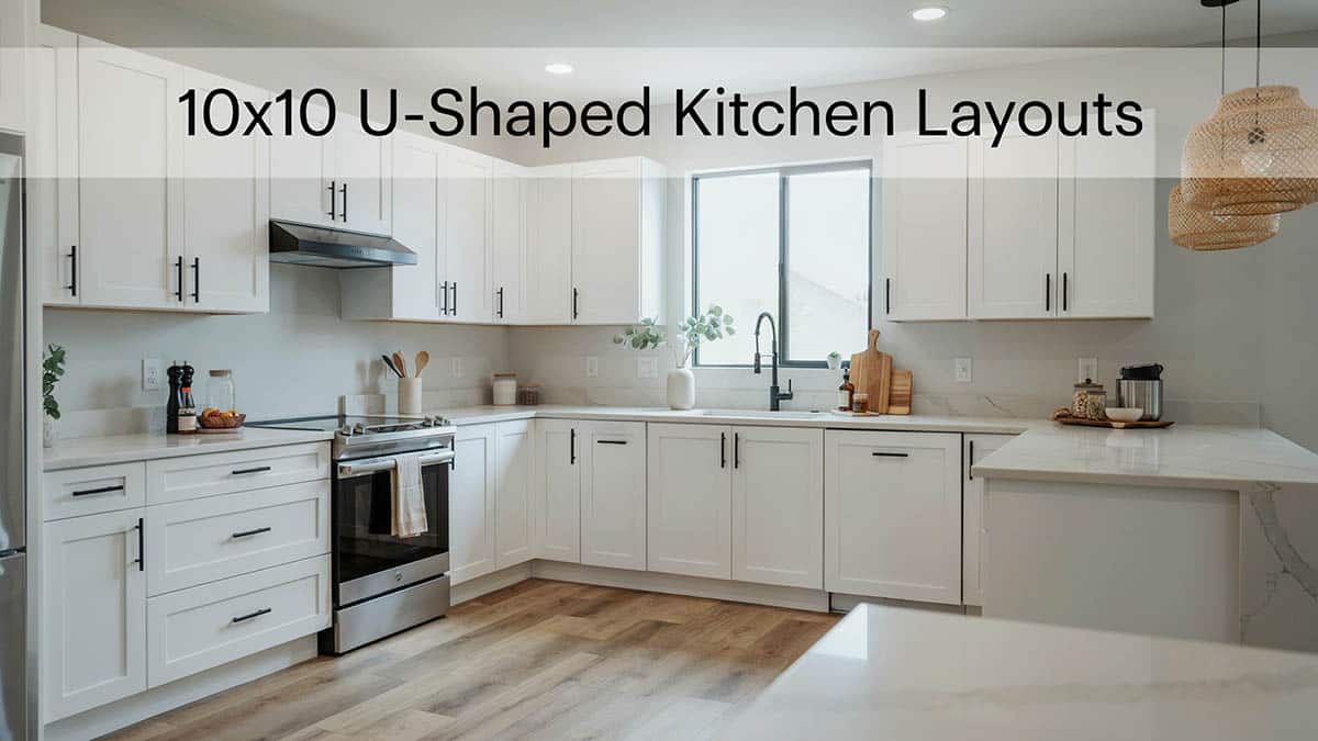 10ft by 10ft u-shaped kitchen layout with white cabinets and black hardware