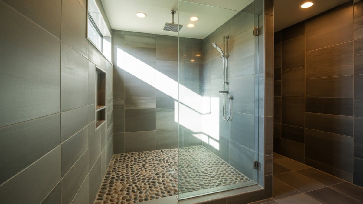 Glass enclosed walk-in shower with grey tile walls and river rock pebble stone floor