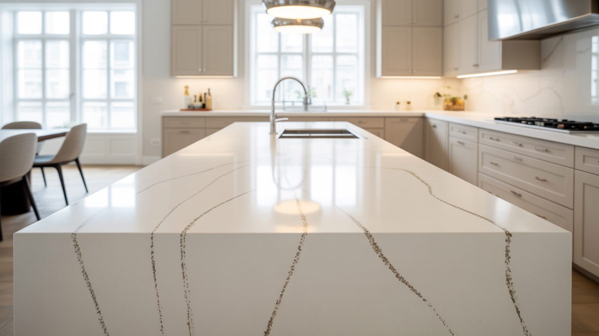 Close view of white quartz island showing soft grey Calacatta style veining
