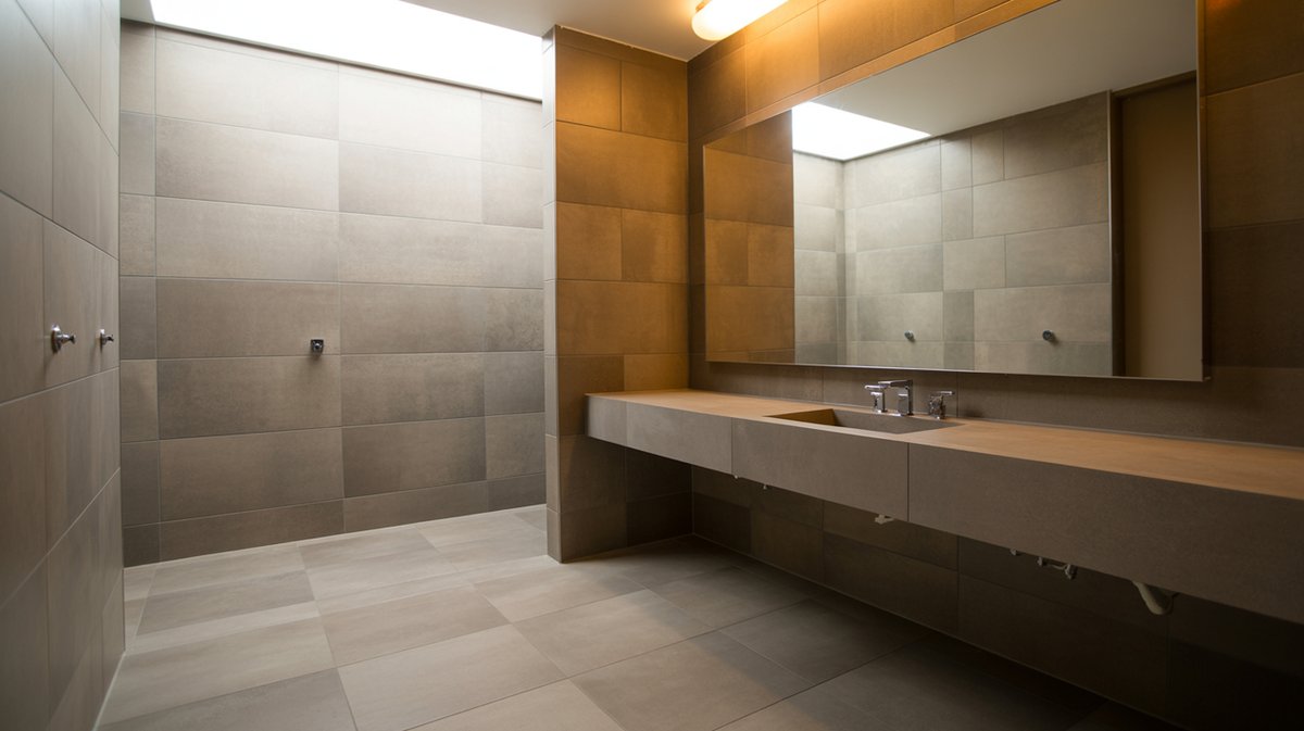 Modern bathroom with large format taupe porcelain tile on walls and floor