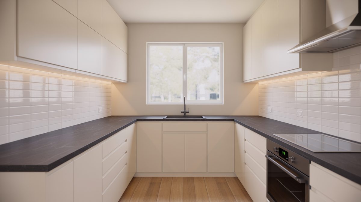 U shaped kitchen with cream cabinets and dark charcoal quartz countertops