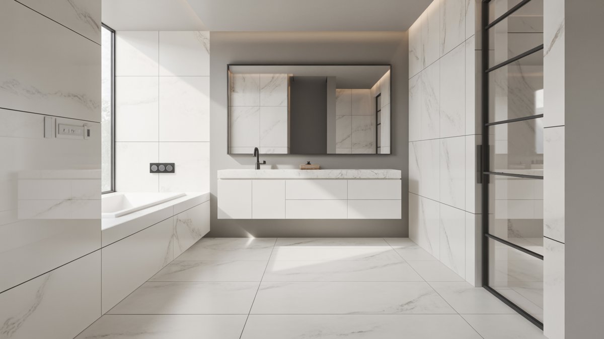 Minimalist bathroom with white marble look porcelain tile on floor and walls
