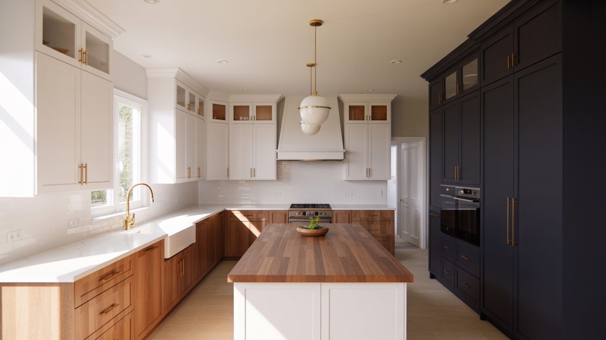 White navy and wood cabinets meet a butcher block topped kitchen island