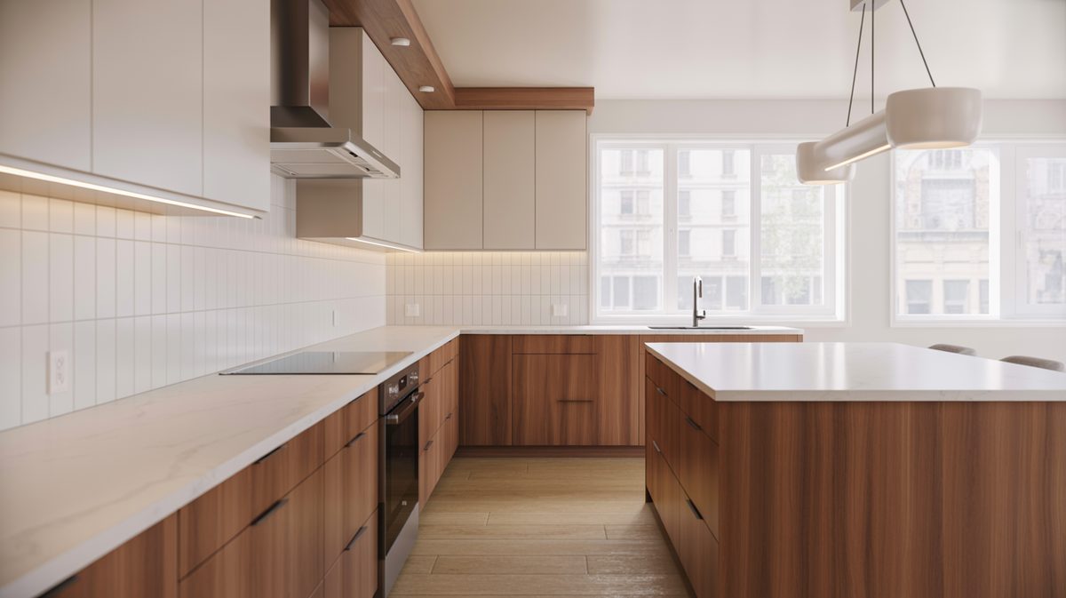White upper cabinets with walnut lower cabinets and white quartz countertops