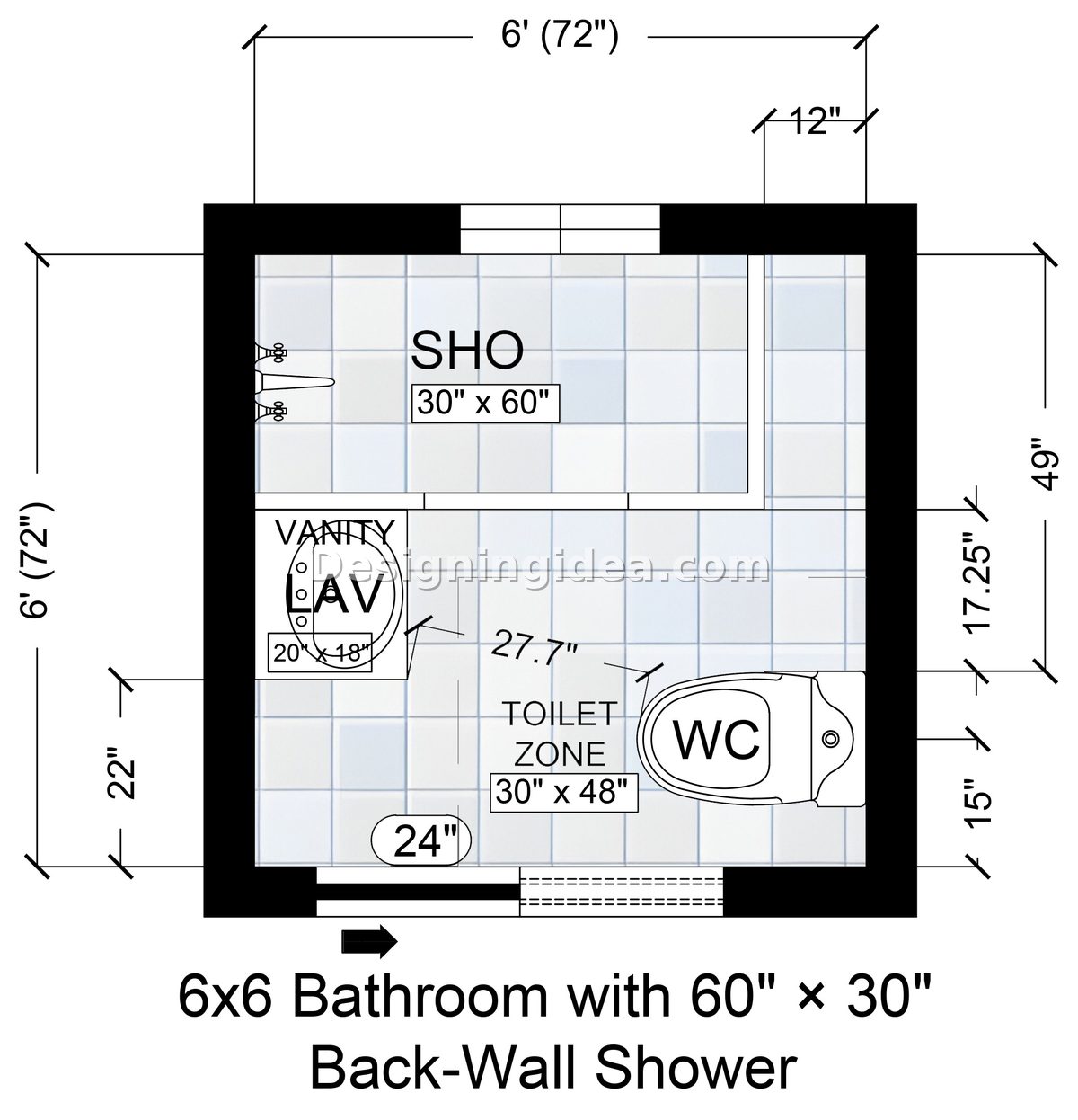 Bathroom with 60" x 30" Back-Wall Shower