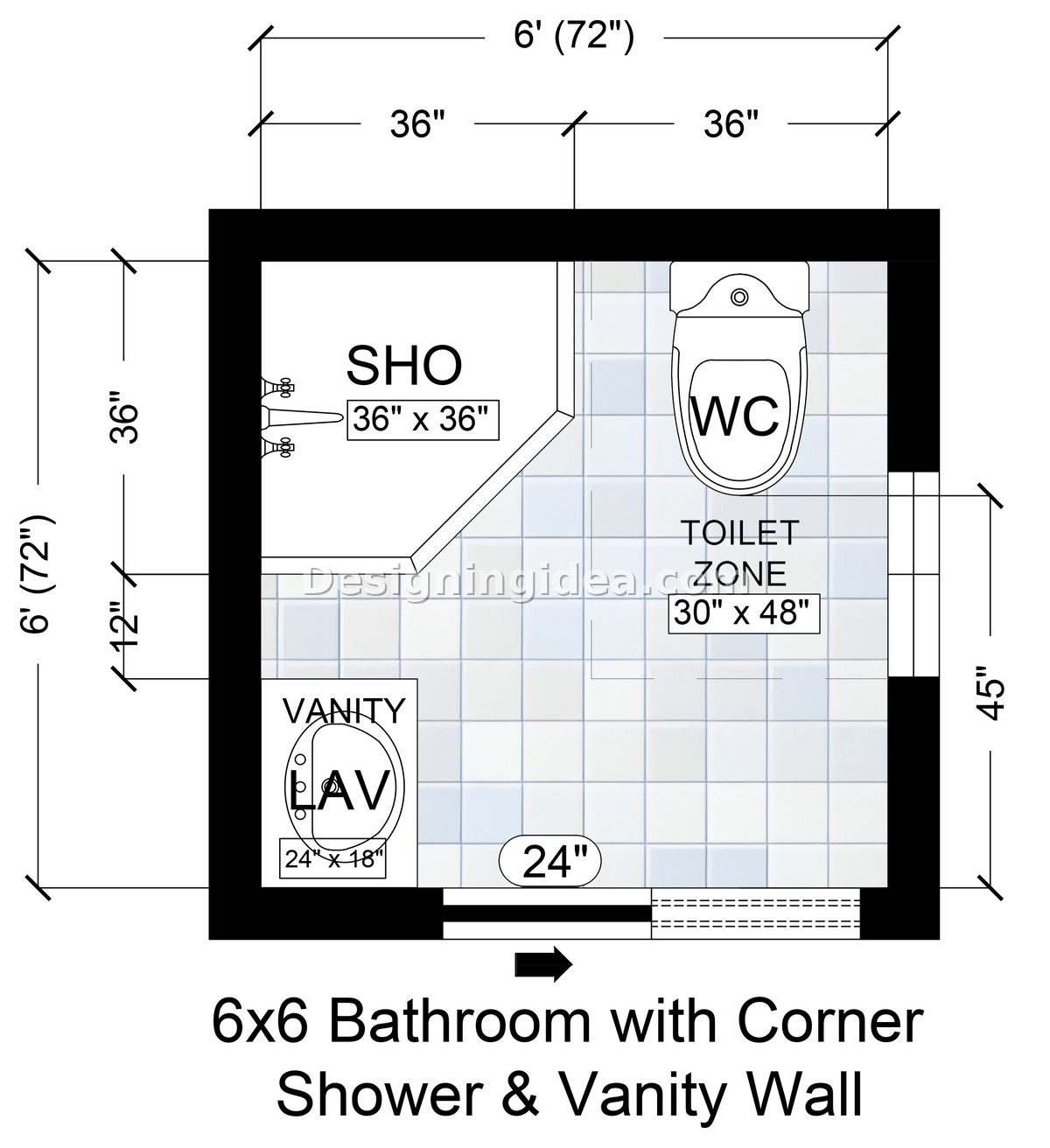 6x6 Bathroom with Corner Shower & Vanity Wall