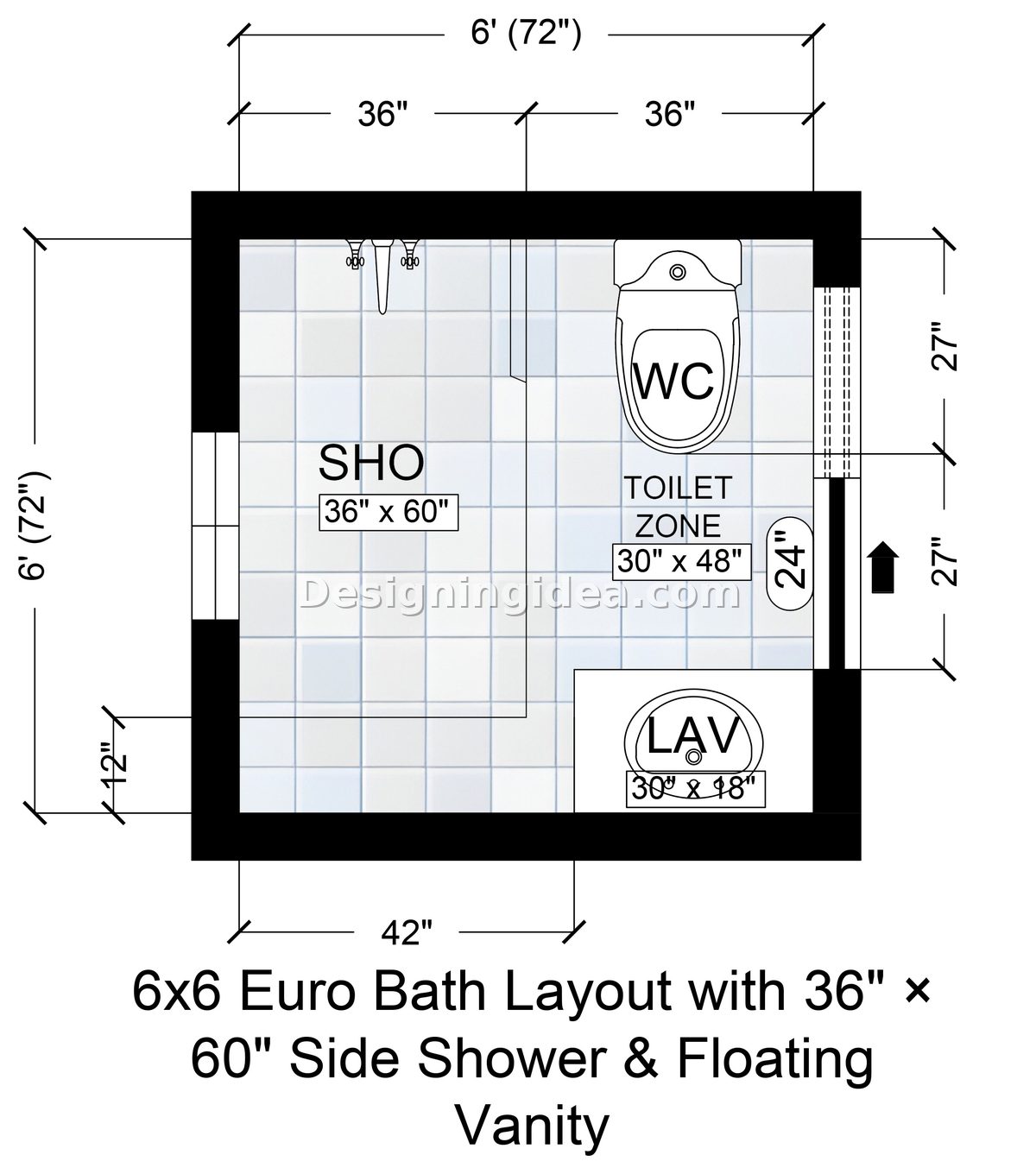 6x6 Euro Bath Layout with 36" x 60" Side Shower & Floating Vanity