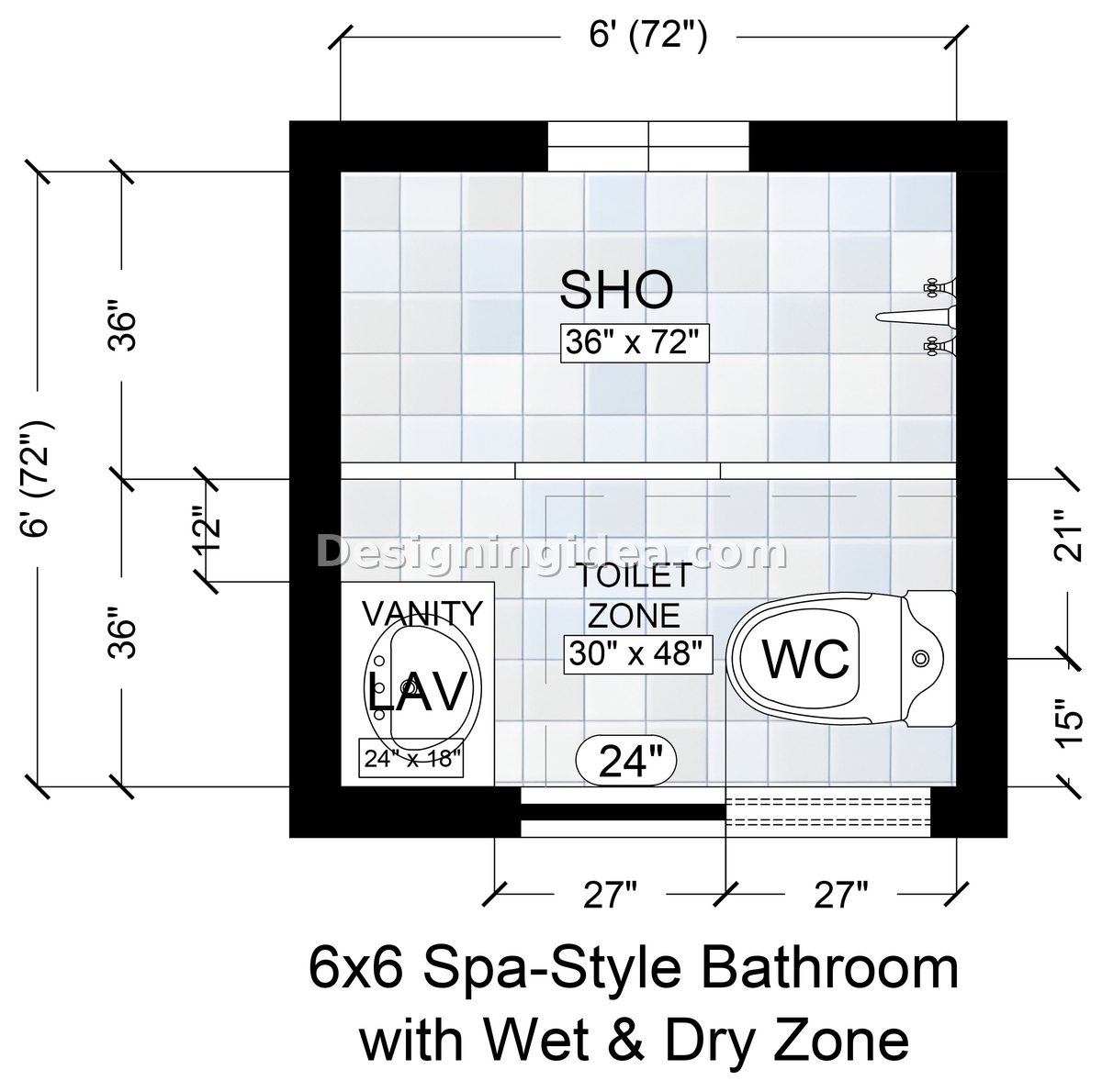 6x6 Spa-Style Bathroom with Wet & Dry Zone