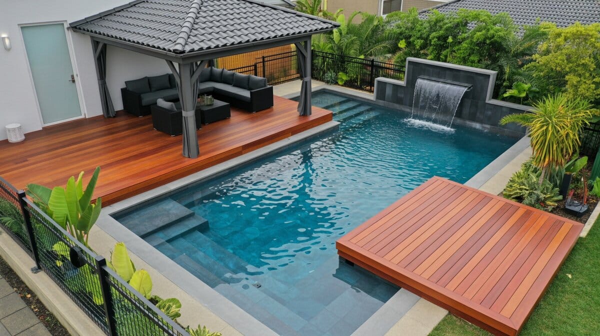 Aerial view of backyard pool with hardwood deck gazebo, cascading waterfall and tropical landscaping