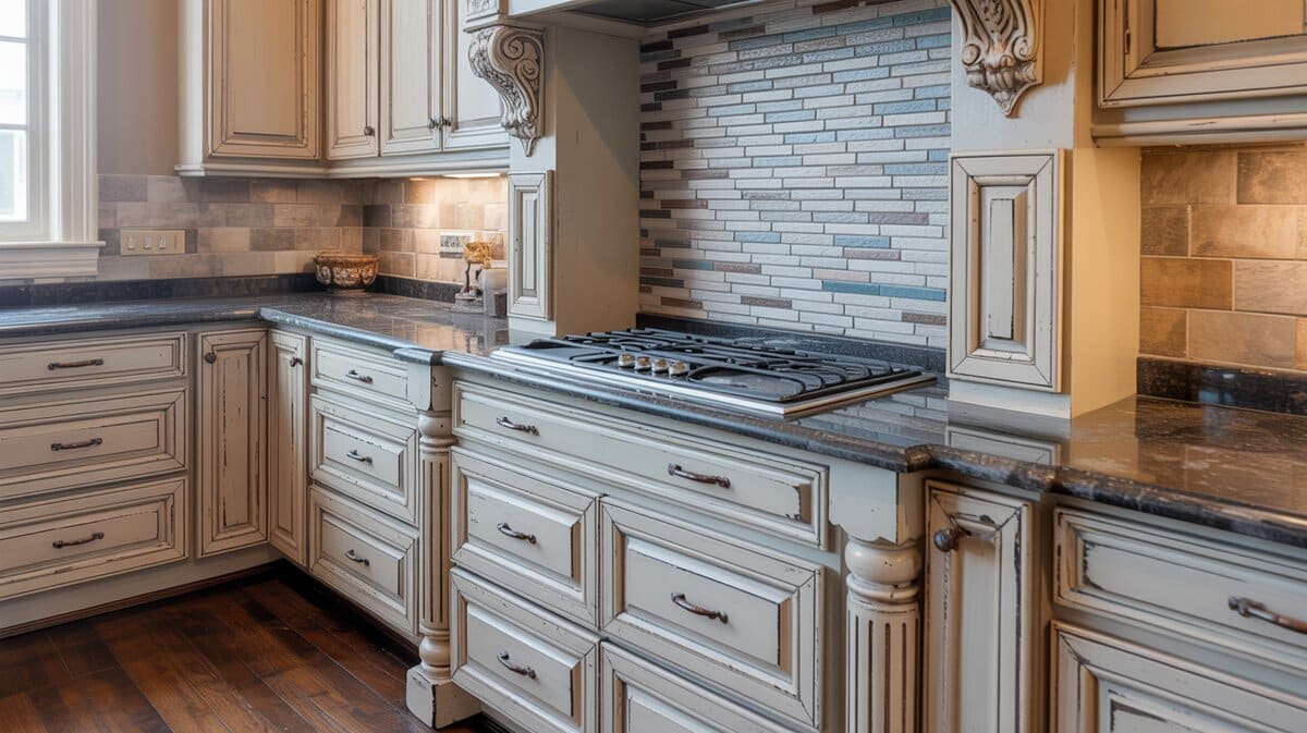 Antique white kitchen with brown speckled granite countertops and blue and white mosaic stone backsplash