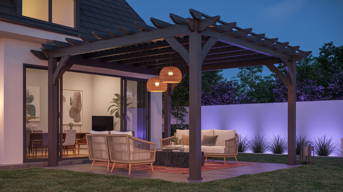 Backyard Pool Small Wood Trellis Pergola Lattice Fence Lounge Chairs