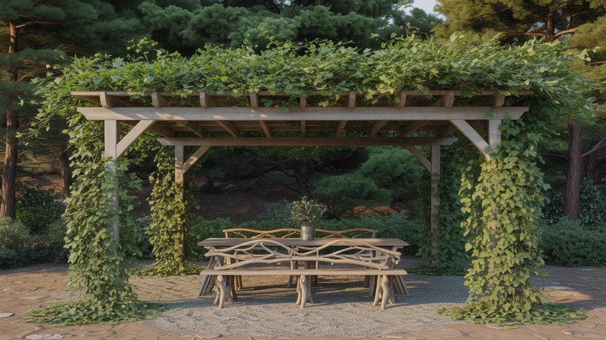 Black Steel Pergola Outdoor Daybed Gray Slat Fence Tropical Plants
