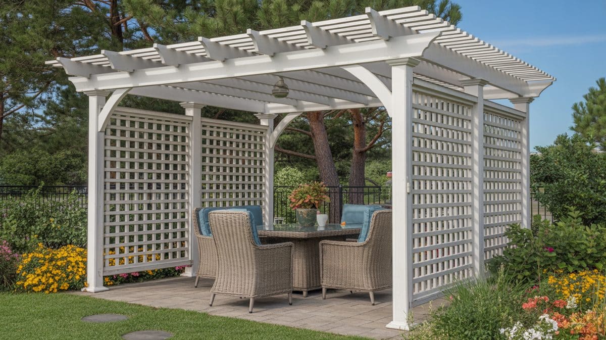 Bronze Metal Pergola Wood Deck Outdoor Dining Set Backyard Trees