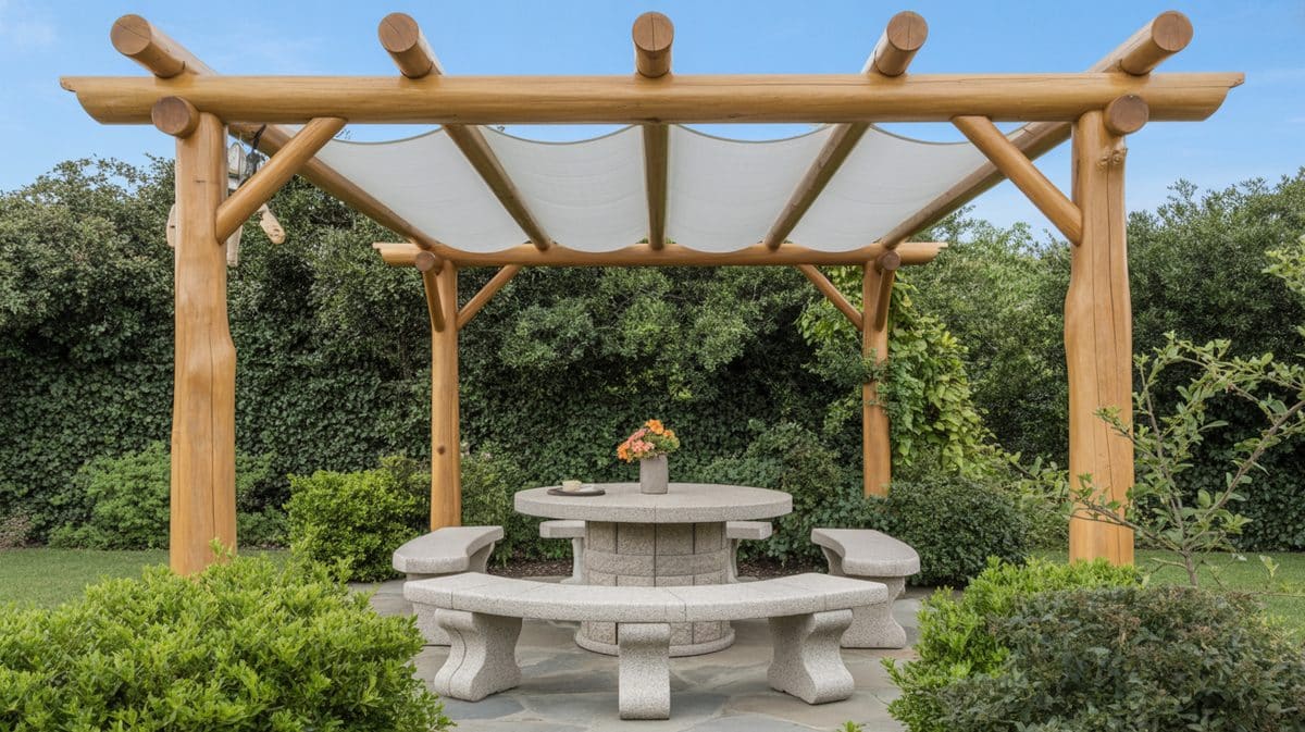 Brown Vinyl Pergola X Bracket Fretwork Green Sofa Brick Patio