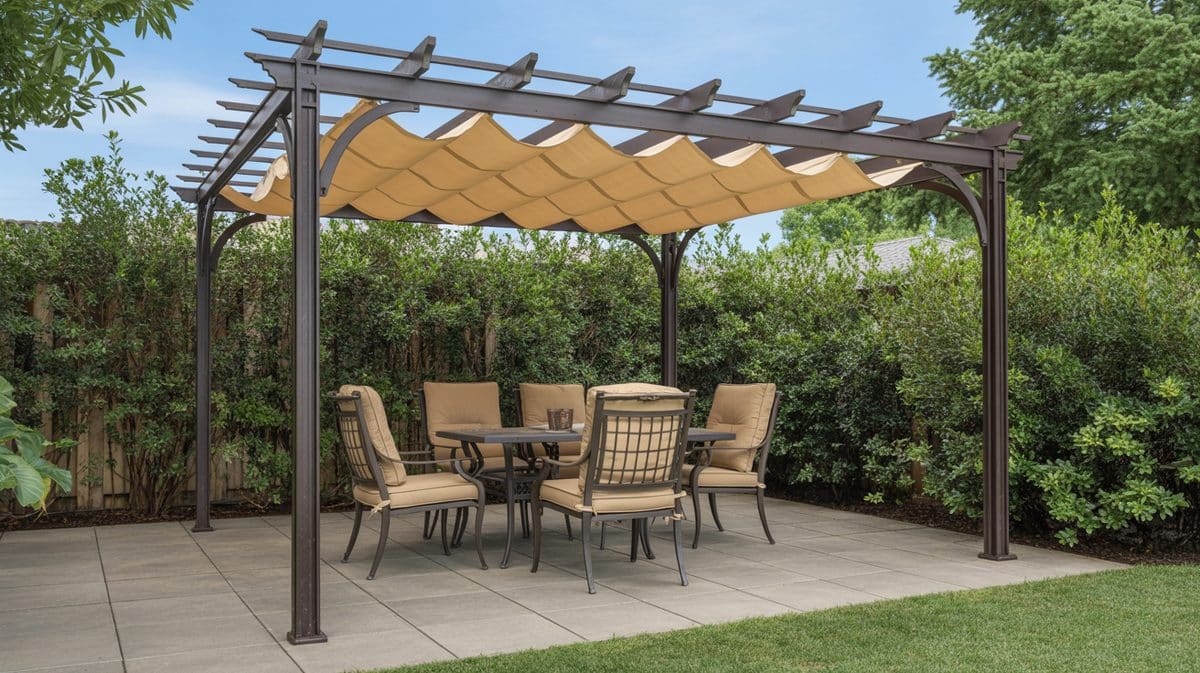 Cedar Pergola Polycarbonate Roof White Columns Hanging Pots Rattan