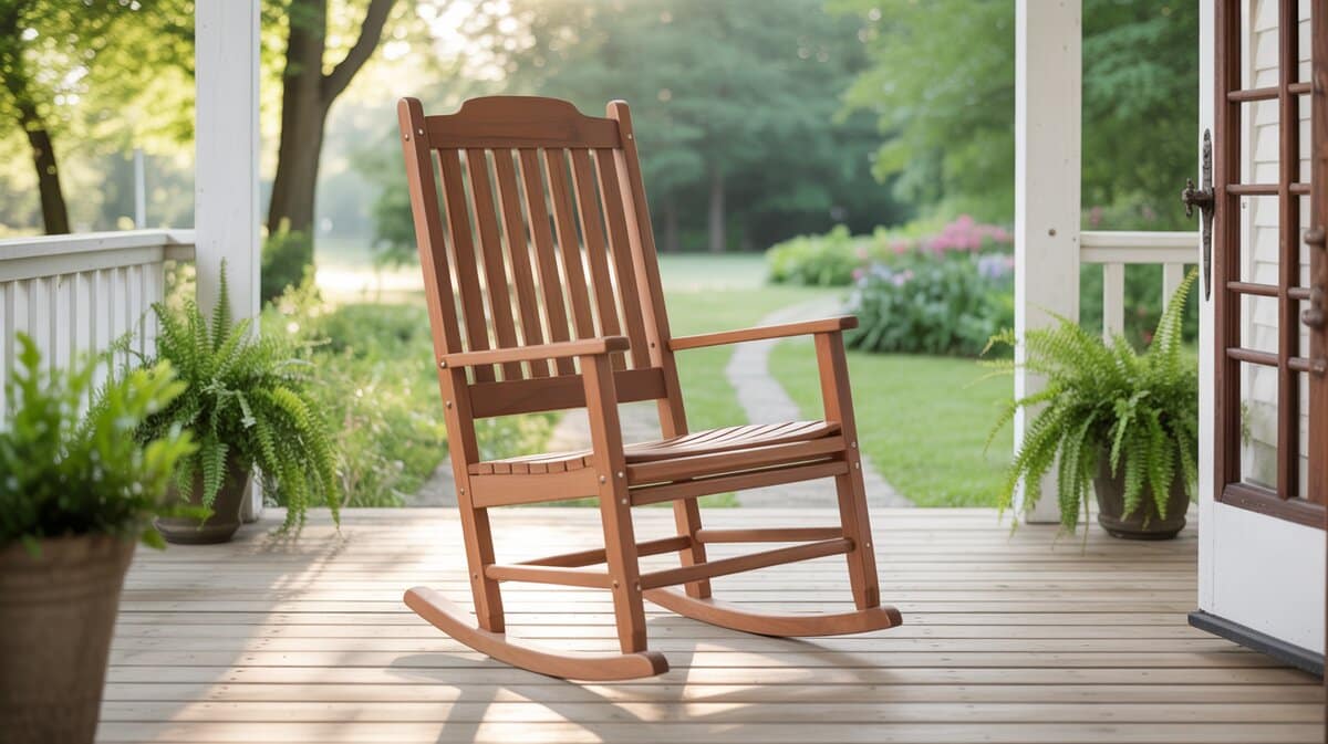 Cedar wood porch rocking chair with slatted back on a front porch with garden view