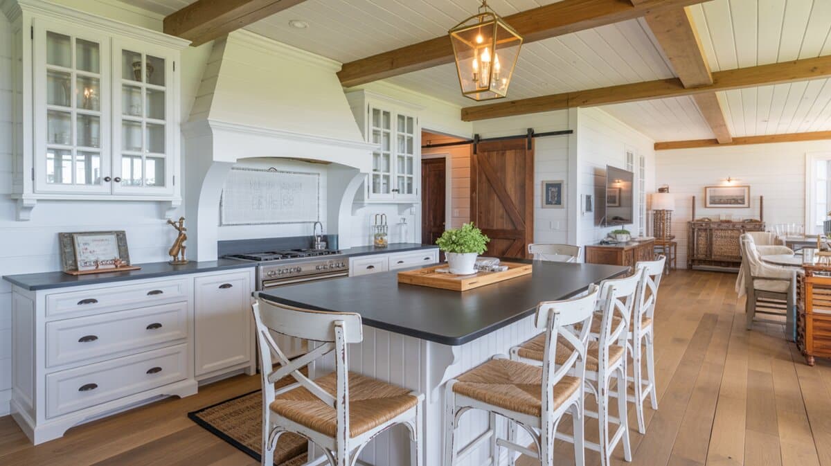 Coastal farmhouse kitchen with white glass-front cabinets and black granite island countertop