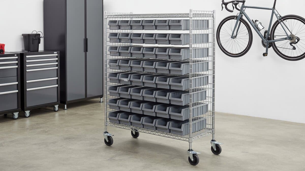 Chrome wire storage rack on locking casters with rows of gray parts bins beside a dark tool chest and wall-mounted bicycle
