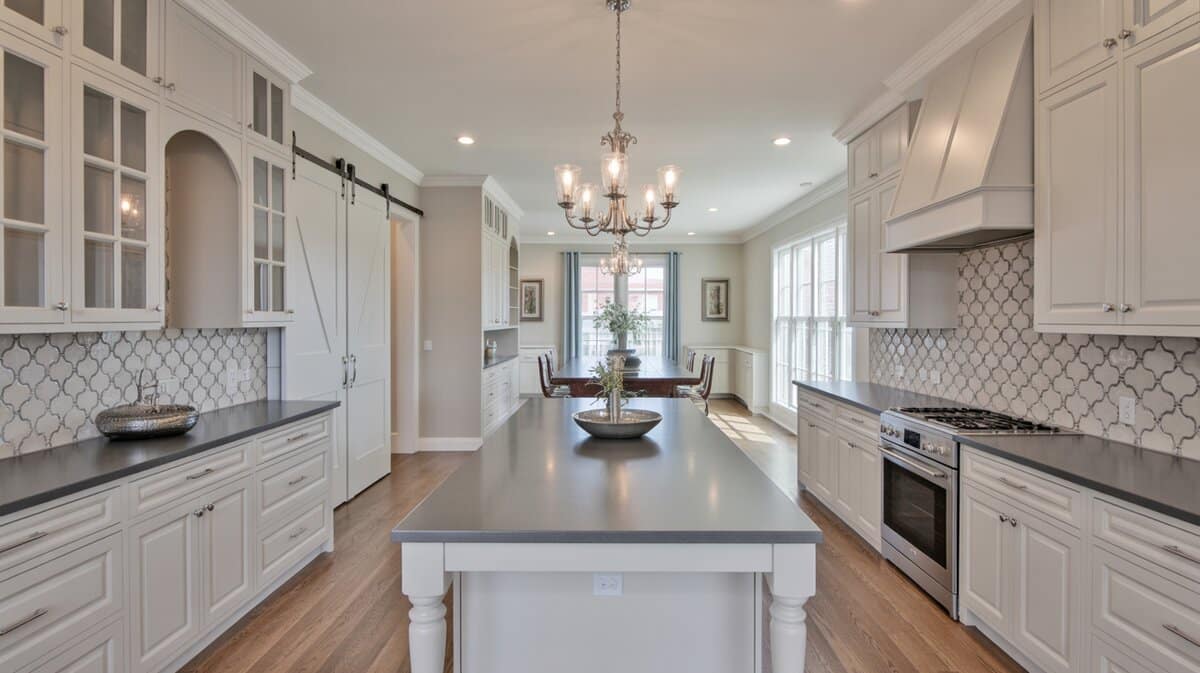 Contemporary white shaker kitchen with dark gray quartz island and arabesque Moroccan tile backsplash