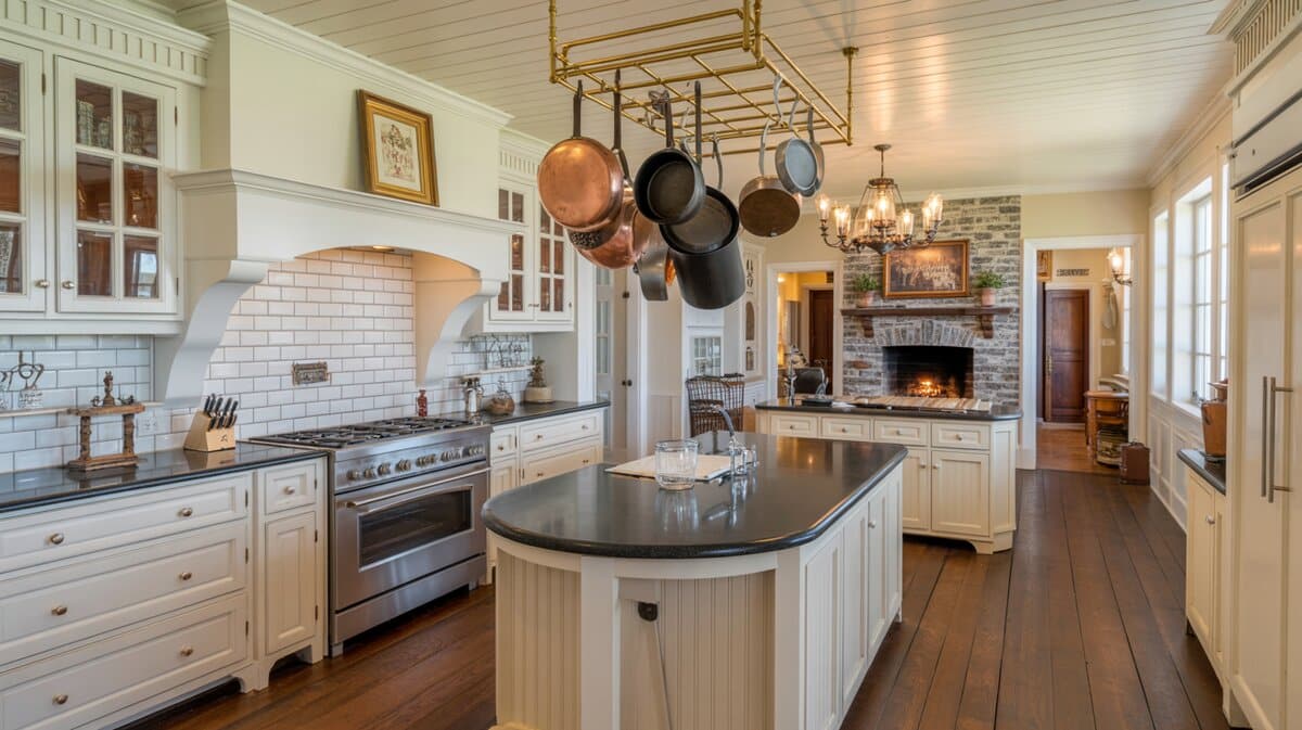 Country white kitchen with black granite island and ceiling-mounted brass pot rack with copper pans
