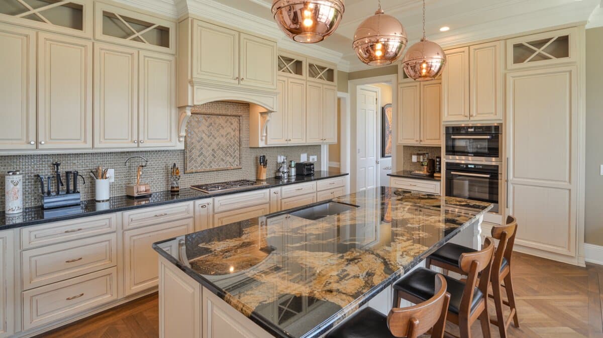 Transitional kitchen with cream cabinets and dramatic brown granite island countertop