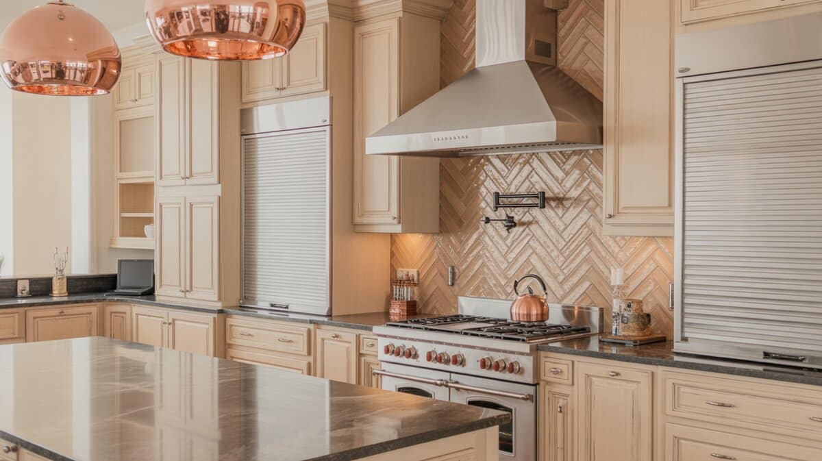 Cream kitchen cooking zone with shimmering herringbone backsplash copper kettle and marble quartzite island