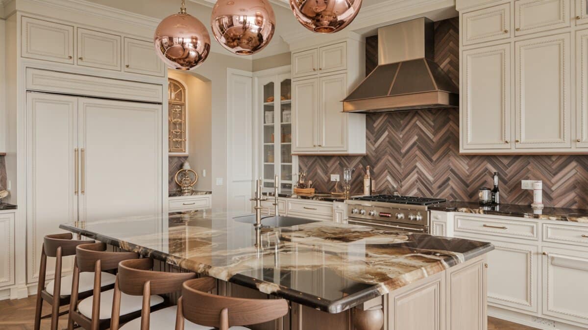 Luxurious cream kitchen with oversized exotic brown marble island and shimmering herringbone backsplash
