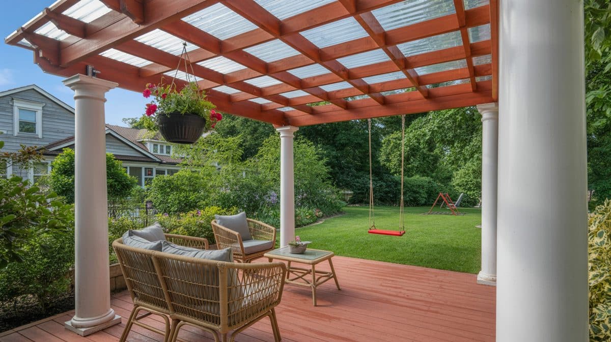 Dark Brown Metal Pergola Canopy Shade Patio Dining Gray Tile