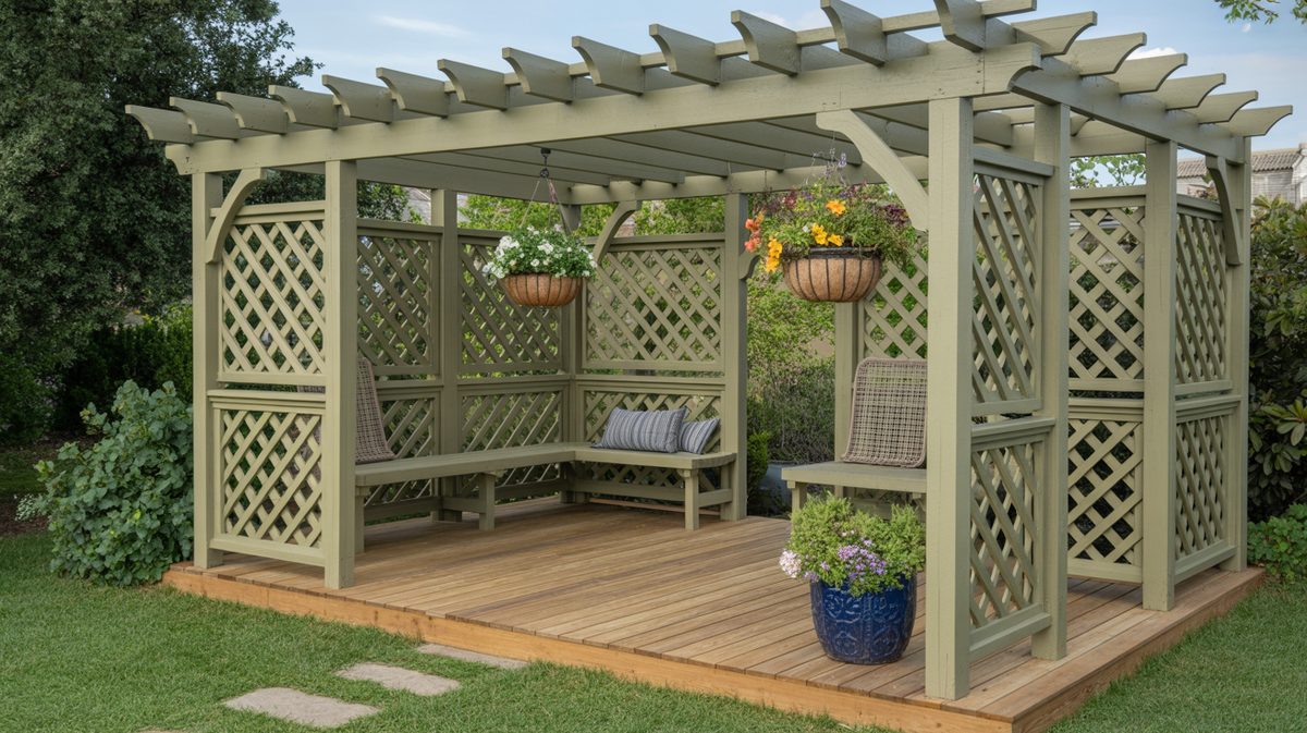 Dark Cedar Deck Pergola Red Rattan Sectional Chiminea String Lights
