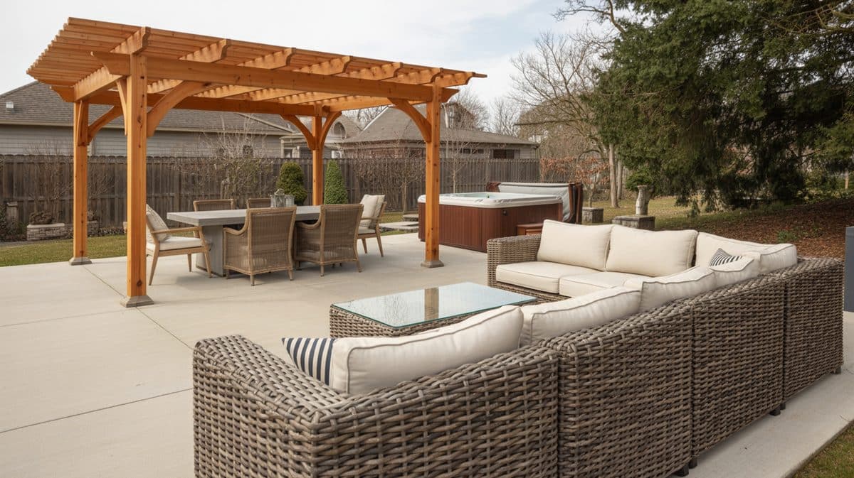 Dark Iron Pergola Fabric Canopy Wicker Seating Flagstone Courtyard