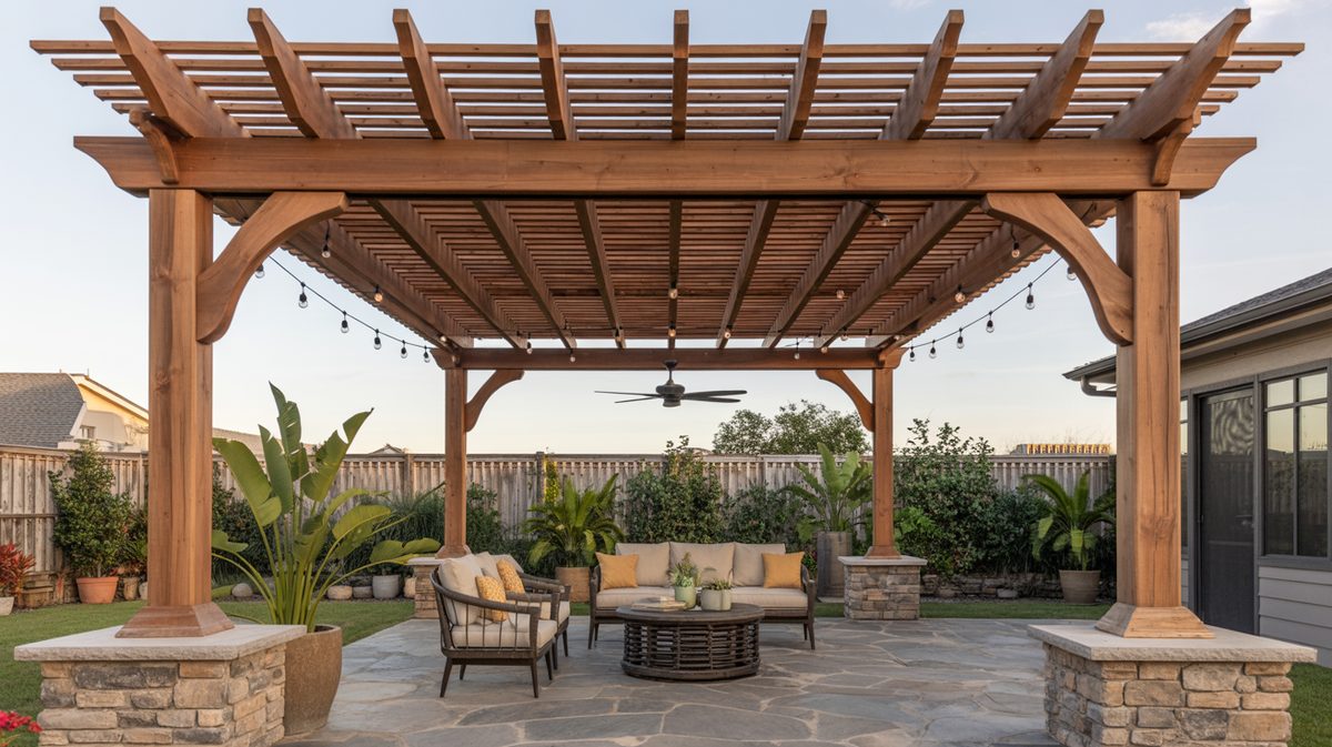 Dark Mocha Wood Pergola Arched Beams Iron Furniture Flagstone Backyard