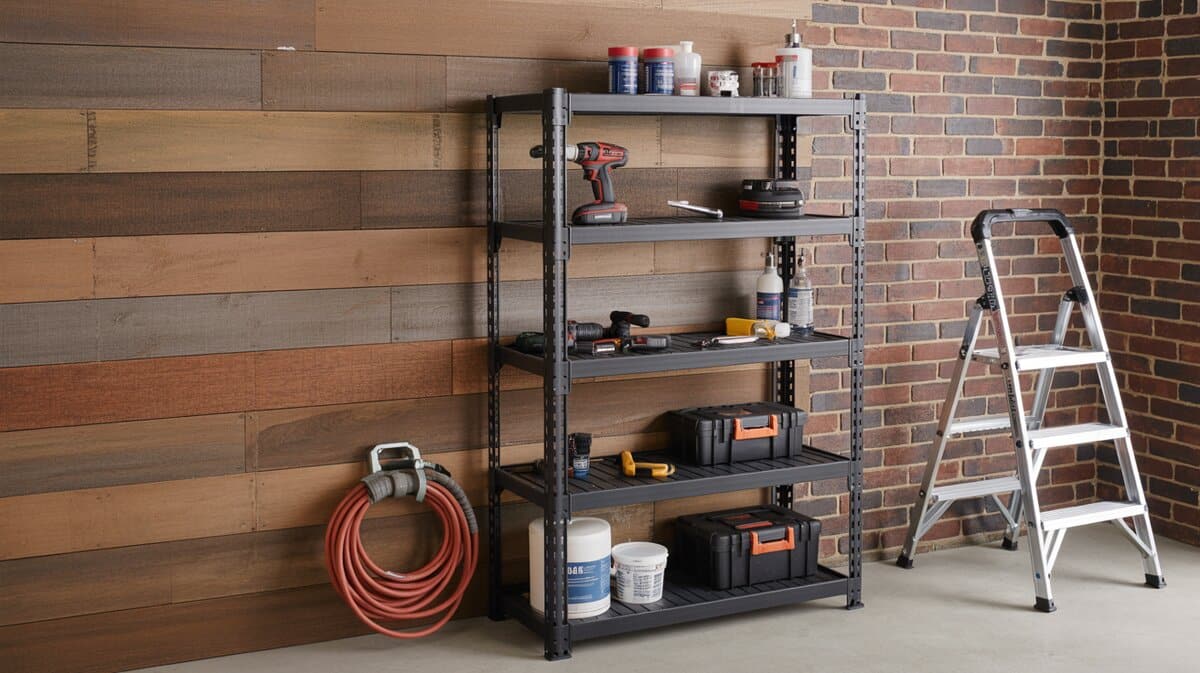 Dark five-tier plastic shelving rack with power tools and tool cases against a wood plank and brick wall with orange hose and step ladder