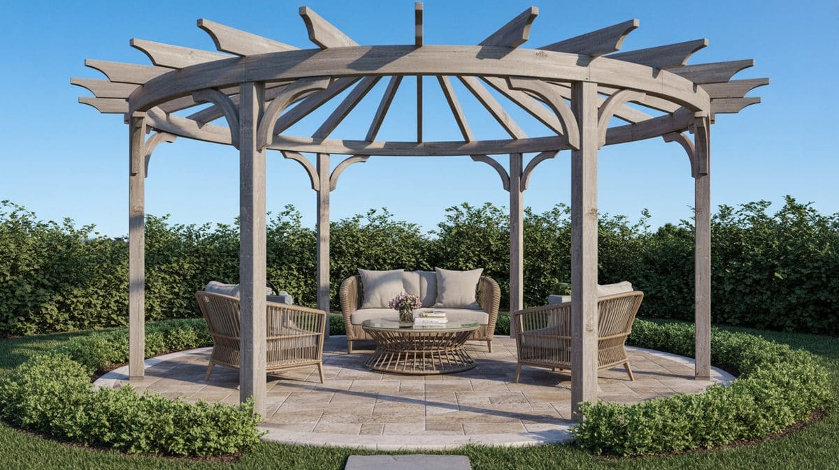 Dark Wengue Pergola Stone Masonry Columns Flagstone Patio House