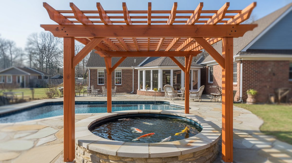 Dark Wood Cabana Pergola White Curtains Infinity Pool Desert View