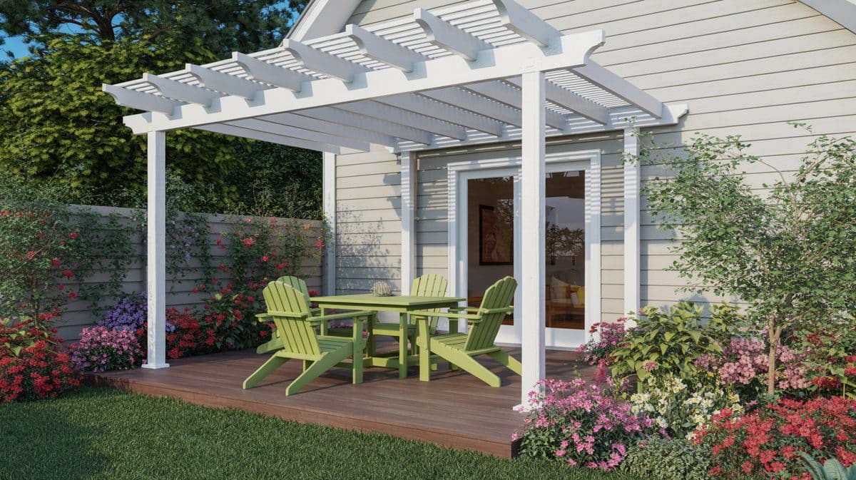 Dark Wood Deck Pergola Lattice Panel Iron Dining Pink Umbrella