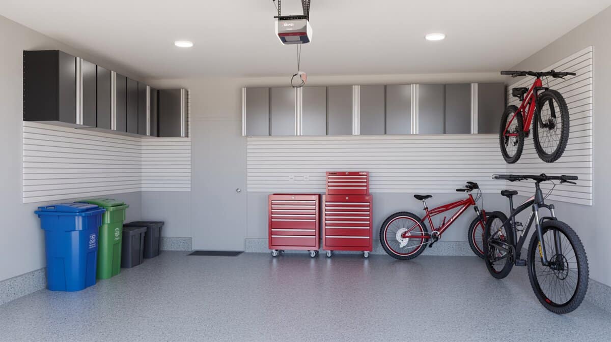 DIY garage with gray overhead wall cabinets, white slatwall, red rolling tool chests, recycling bins and mountain bikes on wall rack