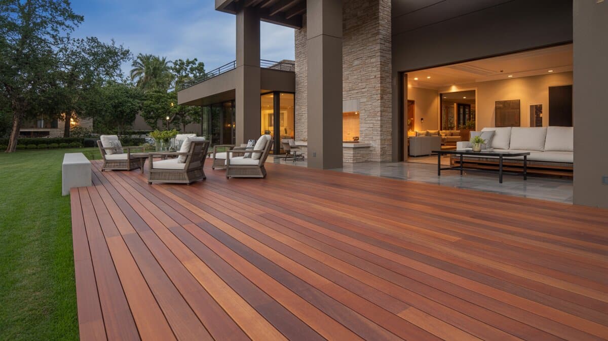 Expansive teak wood deck with wide warm brown planks, stone columns and wicker chairs at dusk