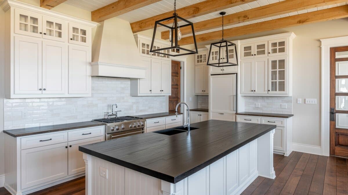 Modern farmhouse kitchen with white cabinets and dark ebonized wood slab island under geometric pendants