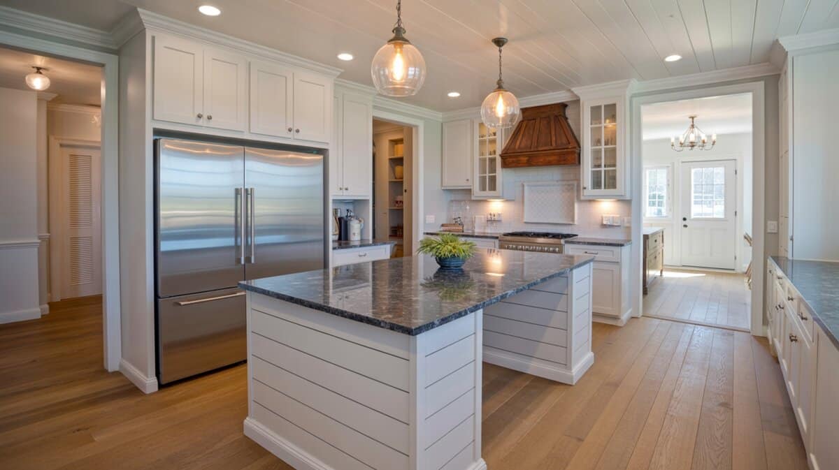 Modern farmhouse kitchen with white shiplap island and blue-gray salt-and-pepper granite countertop