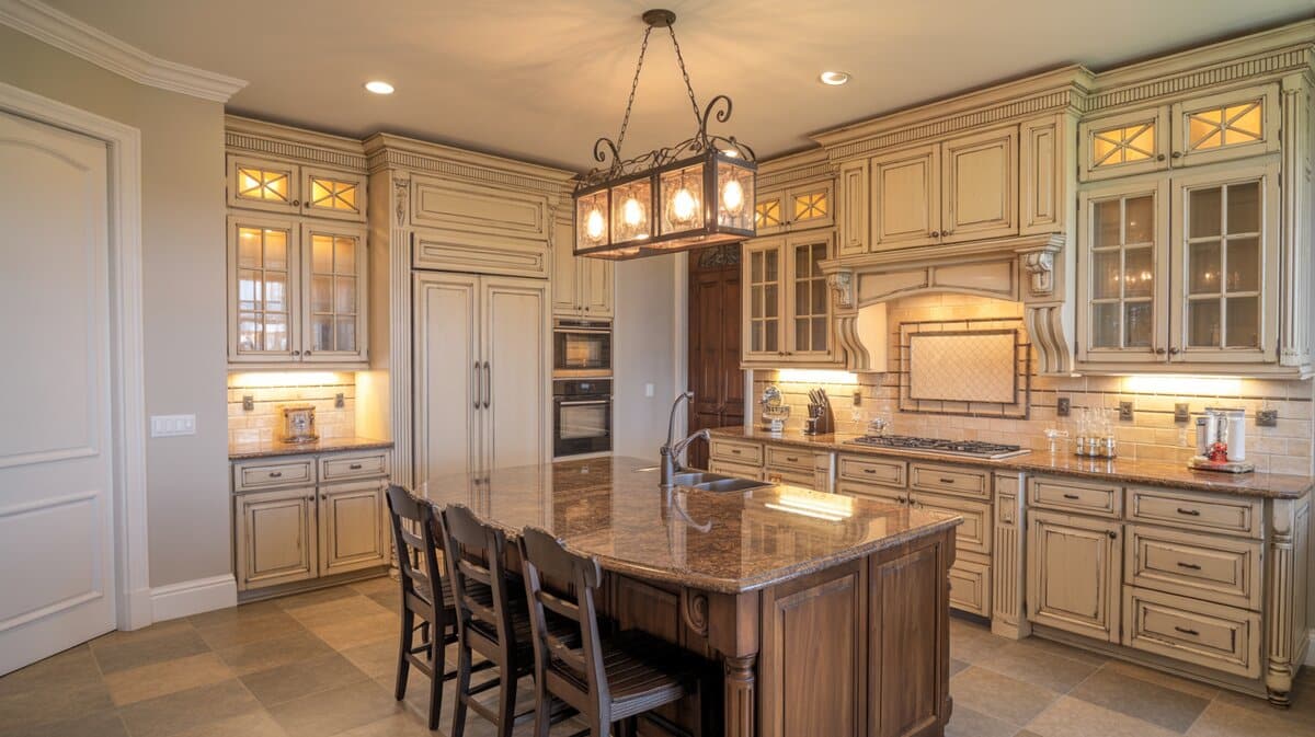 French provincial kitchen with antique cream cabinets and dark walnut island with brown granite top