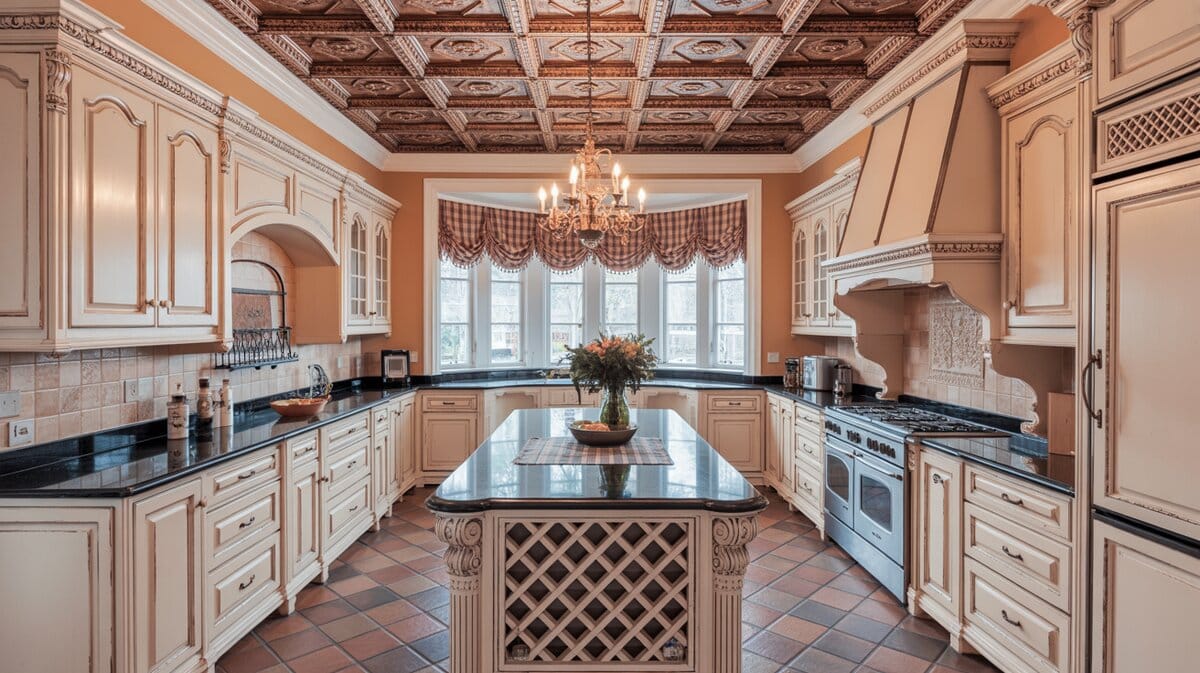 French provincial kitchen with antique white cabinets ornate copper tin ceiling and wine rack island