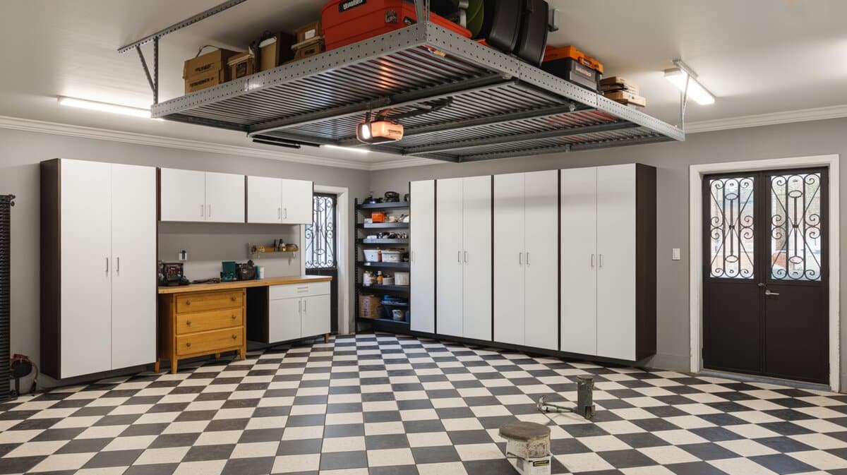 Large garage with black and white checkered floor tiles, ceiling-mounted sliding storage rack, and white and dark wall cabinets