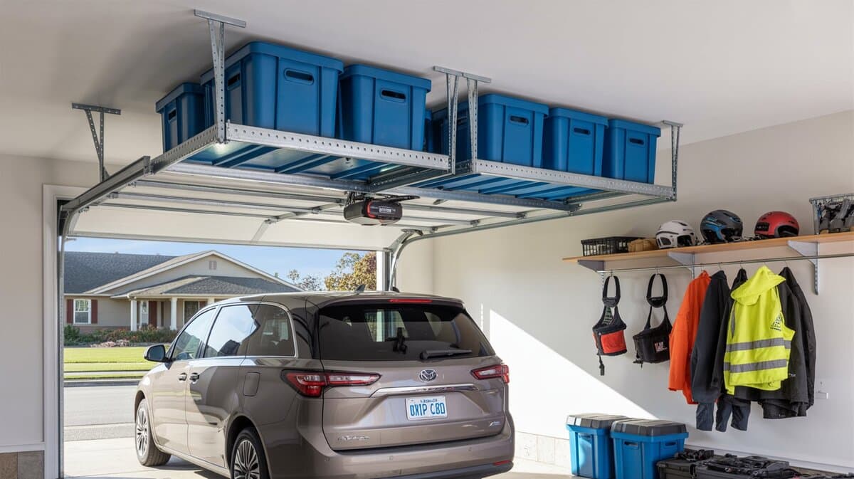Silver ceiling-mounted overhead storage rack loaded with blue totes above a minivan with helmets and jackets on right wall shelving
