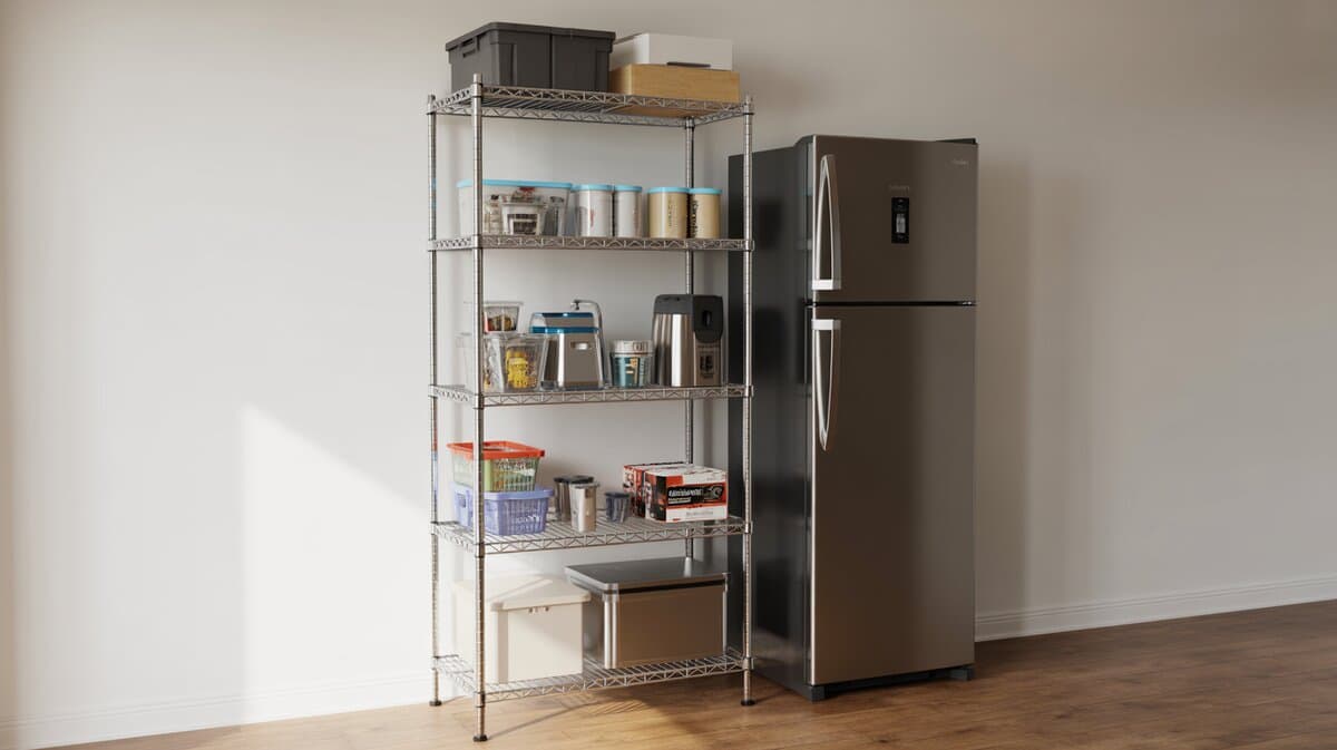 Tall five-tier chrome wire shelving rack with organized containers and supplies beside a stainless steel refrigerator on hardwood floor