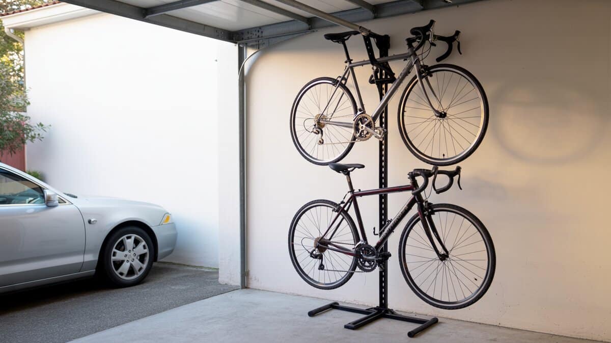 Two road bikes stored vertically on a freestanding gravity stand rack in a white garage beside a parked car